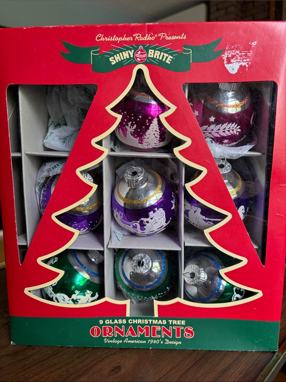Shiny Brite 8 Glass Christmas Tree Ornaments - Purple & Green